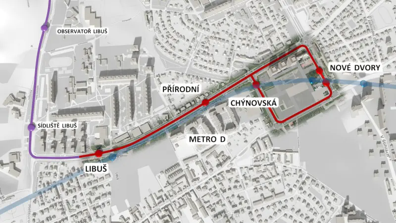 Mapa nové tramvajové tratě Libuš – Nové Dvory